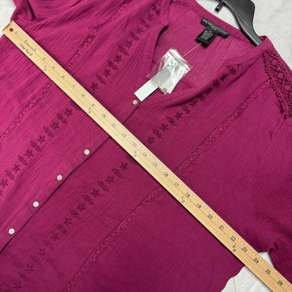 Preswick & Moore Women 1X Burgundy Cotton Gauze Embroidered Lace Button Top NWT - Picture 9 of 10